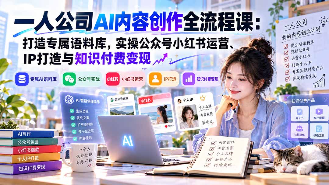 (20866期)一人公司AI内容创作全流程课:打造专属语料库,实操公众号小红书运营、IP打造与知识付费变现方法论网创吧-网创项目资源站-副业项目-创业项目-搞钱项目网创吧