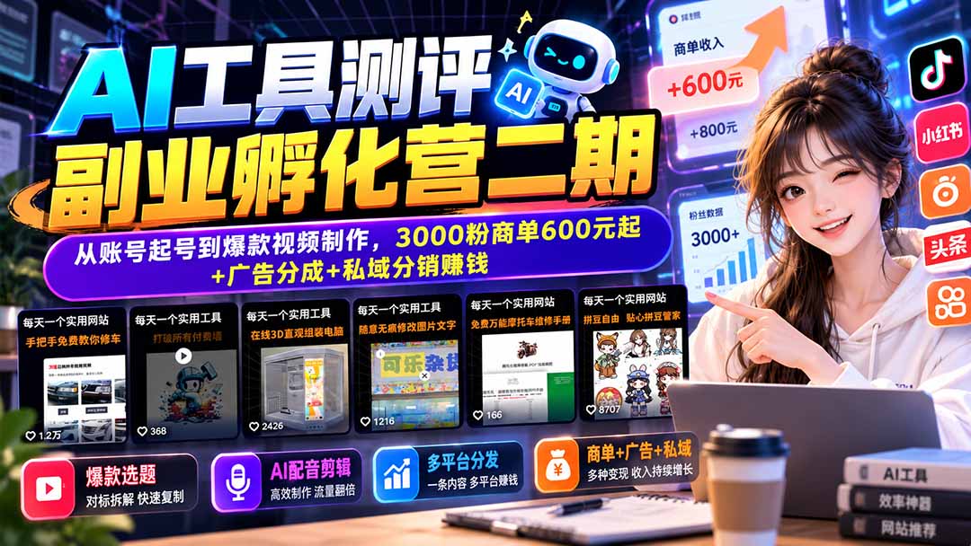 (20799期)AI工具测评副业孵化营二期:从账号起号到爆款视频制作,3000粉商单600元起+广告分成+私域分销赚钱网创吧-网创项目资源站-副业项目-创业项目-搞钱项目网创吧