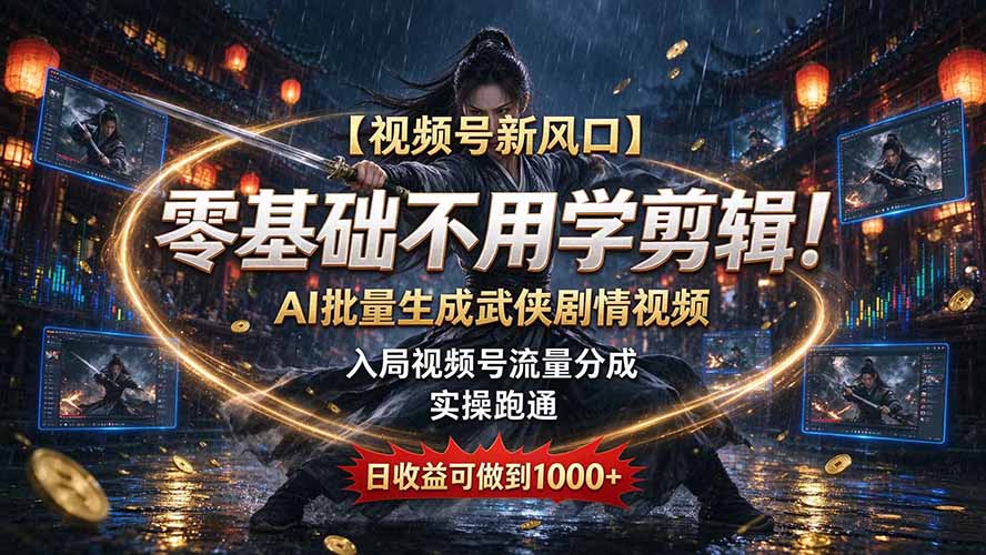 (20780期)【视频号新风口】零基础不用学剪辑!AI 批量生成武侠剧情视频,入局视频号流量分成,实操跑通,日收益可做到 1000+网创吧-网创项目资源站-副业项目-创业项目-搞钱项目网创吧