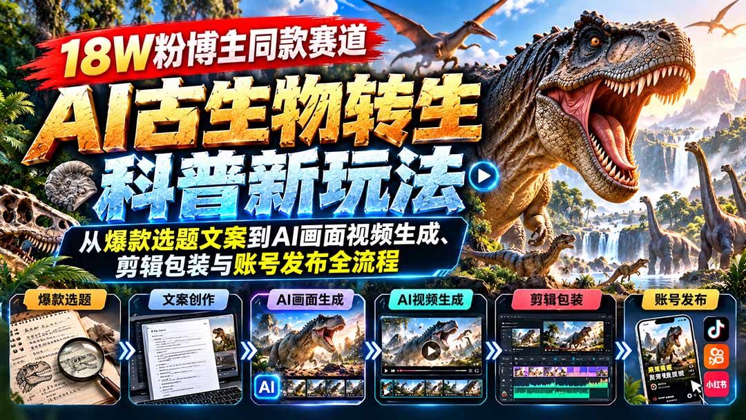 (20833期)18W粉博主同款赛道-AI古生物转生科普新玩法:从爆款选题文案到AI画面视频生成、剪辑包装与账号发布全流程网创吧-网创项目资源站-副业项目-创业项目-搞钱项目网创吧