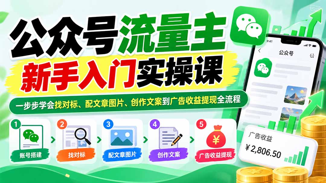 （20816期）公众号流量主新手入门实操课：一步步学会找对标、配文章图片、创作文案到广告收益提现全流程网创吧-网创项目资源站-副业项目-创业项目-搞钱项目网创吧