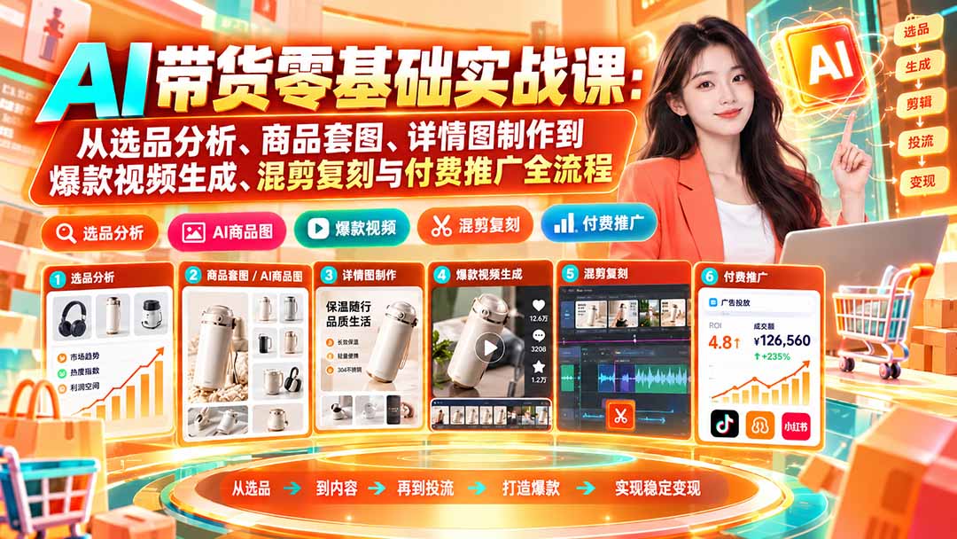 (20856期)AI带货零基础实战课:从选品分析、商品套图、详情图制作到爆款视频生成、混剪复刻与付费推广全流程网创吧-网创项目资源站-副业项目-创业项目-搞钱项目网创吧