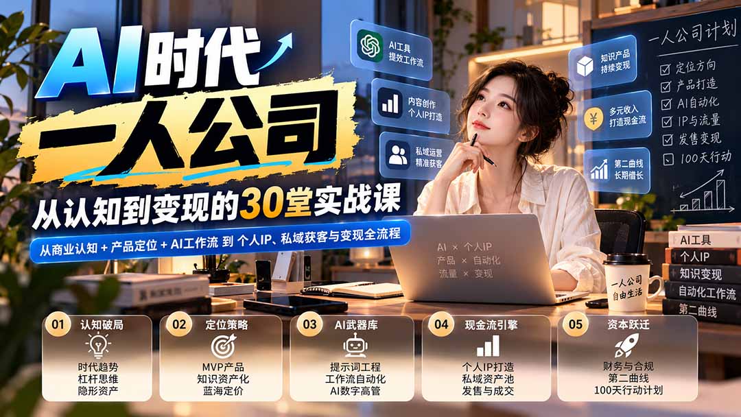 (20847期)【无水印】AI时代一人公司30堂实战课:从商业认知+产品定位+AI工作流到个人IP、私域获客与变现全流程网创吧-网创项目资源站-副业项目-创业项目-搞钱项目网创吧
