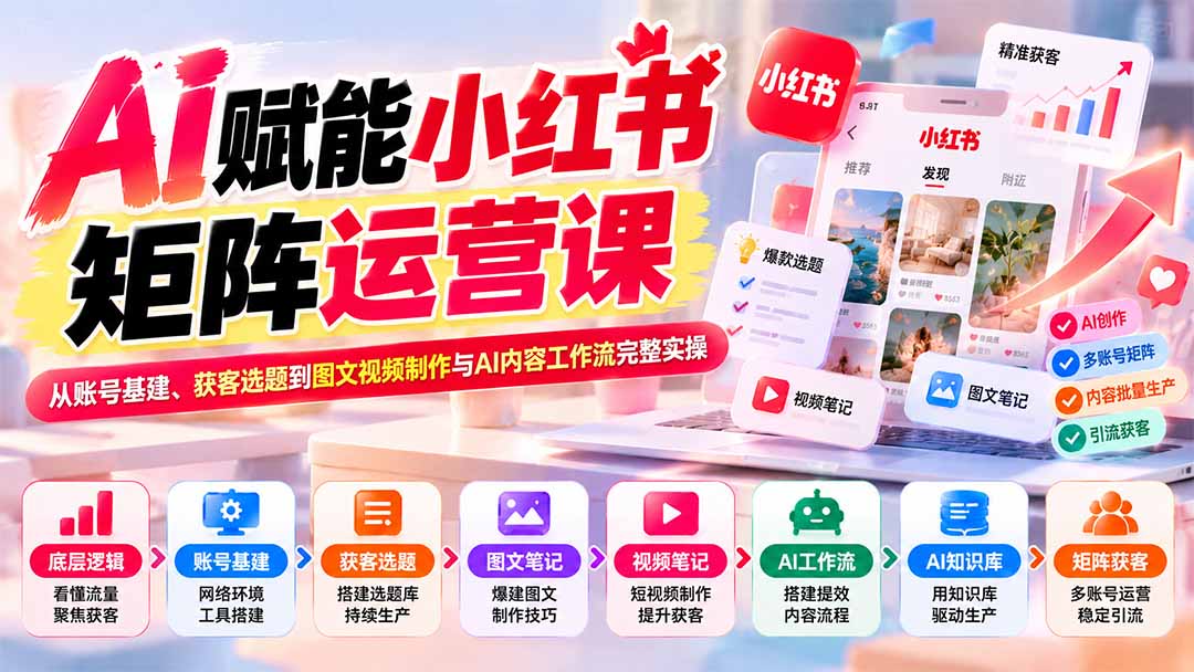 (20822期)AI赋能小红书矩阵运营课:从账号基建、获客选题到图文视频制作与AI内容工作流完整实操网创吧-网创项目资源站-副业项目-创业项目-搞钱项目网创吧