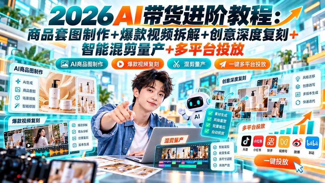 （20857期）2026AI带货进阶教程：商品套图制作+爆款视频拆解+创意深度复刻+智能混剪量产+多平台投放网创吧-网创项目资源站-副业项目-创业项目-搞钱项目网创吧