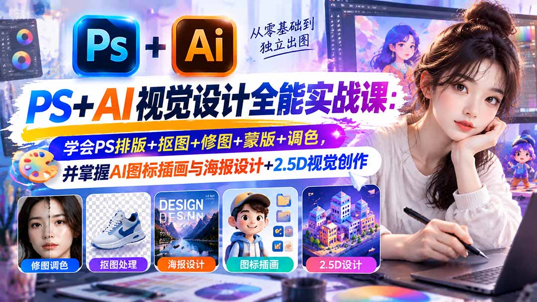 （20749期）【无水印】PS+AI视觉设计全能实战课：学会PS排版+抠图+修图+蒙版+调色，并掌握AI图标插画与海报设计+2.5D视觉创作网创吧-网创项目资源站-副业项目-创业项目-搞钱项目网创吧