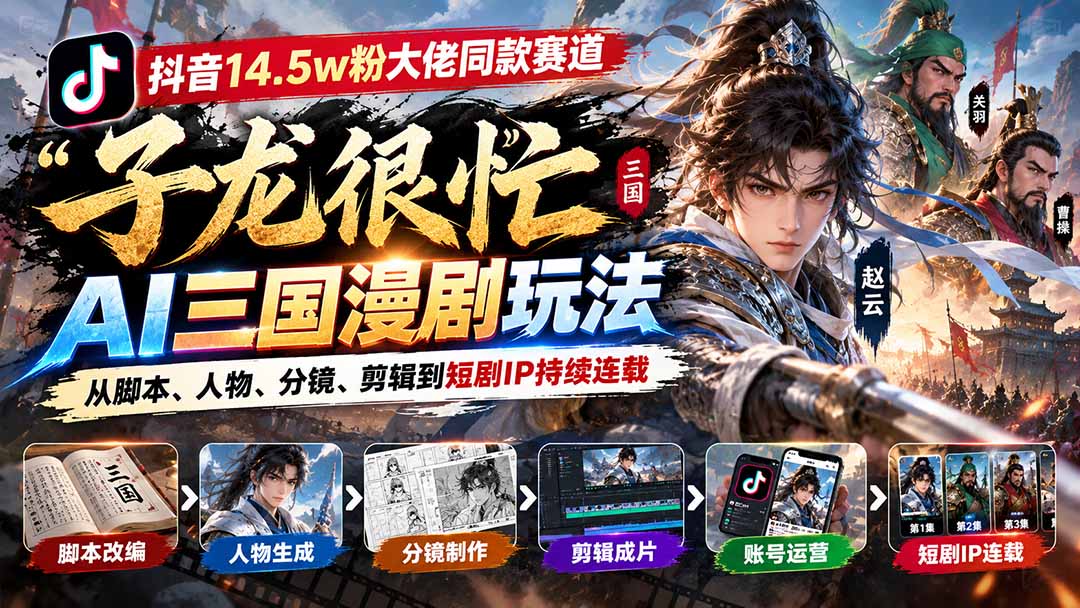 （20818期）抖音14.5w粉大佬同款赛道「子龙很忙」AI三国漫剧玩法：从脚本、人物、分镜、剪辑到短剧IP持续连载网创吧-网创项目资源站-副业项目-创业项目-搞钱项目网创吧