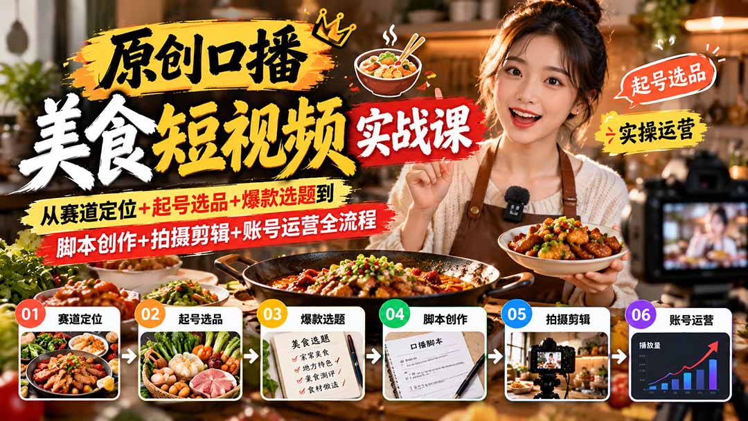 (20786期)原创口播美食短视频实战课:从赛道定位+起号选品+爆款选题到脚本创作+拍摄剪辑+账号运营全流程网创吧-网创项目资源站-副业项目-创业项目-搞钱项目网创吧