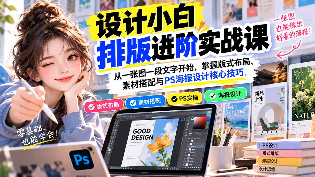 (20838期)设计小白排版进阶实战课:从一张图一段文字开始,掌握版式布局、素材搭配与PS海报设计核心技巧网创吧-网创项目资源站-副业项目-创业项目-搞钱项目网创吧