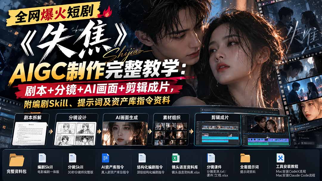 (20805期)全网爆火短剧《失焦》AIGC制作完整教学:剧本+分镜+AI画面+剪辑成片,附编剧Skill、提示词及资产库指令资料网创吧-网创项目资源站-副业项目-创业项目-搞钱项目网创吧