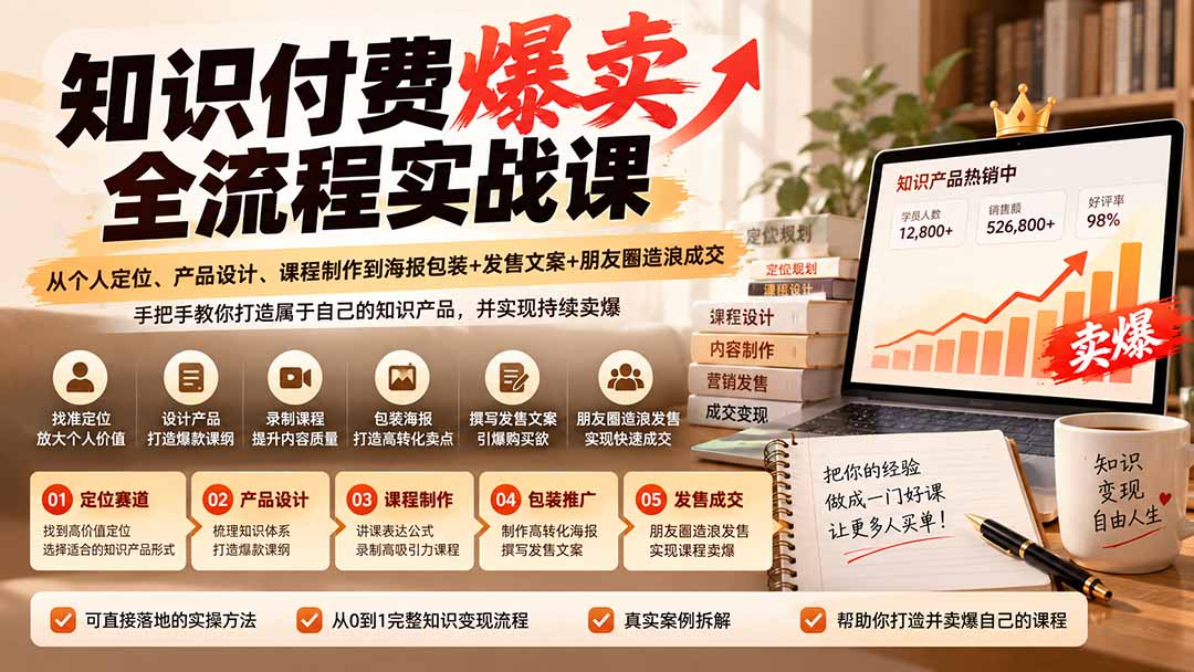 (20787期)【无水印】知识付费爆卖全流程实战课:从个人定位、产品设计、课程制作到海报包装+发售文案+朋友圈造浪成交网创吧-网创项目资源站-副业项目-创业项目-搞钱项目网创吧