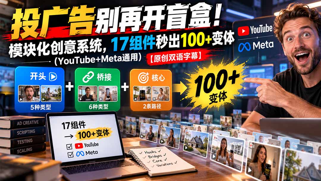 （20840期）投广告别再开盲盒！模块化创意系统，17组件秒出100+变体（YouTube+Meta通用）【原创双语字幕】网创吧-网创项目资源站-副业项目-创业项目-搞钱项目网创吧