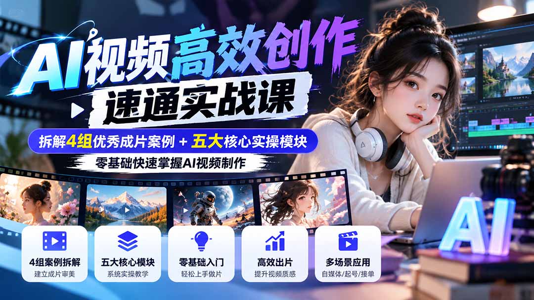 （20819期）【无水印】AI视频高效创作速通实战课：拆解4组优秀成片案例+五大核心实操模块，零基础快速掌握AI视频制作网创吧-网创项目资源站-副业项目-创业项目-搞钱项目网创吧