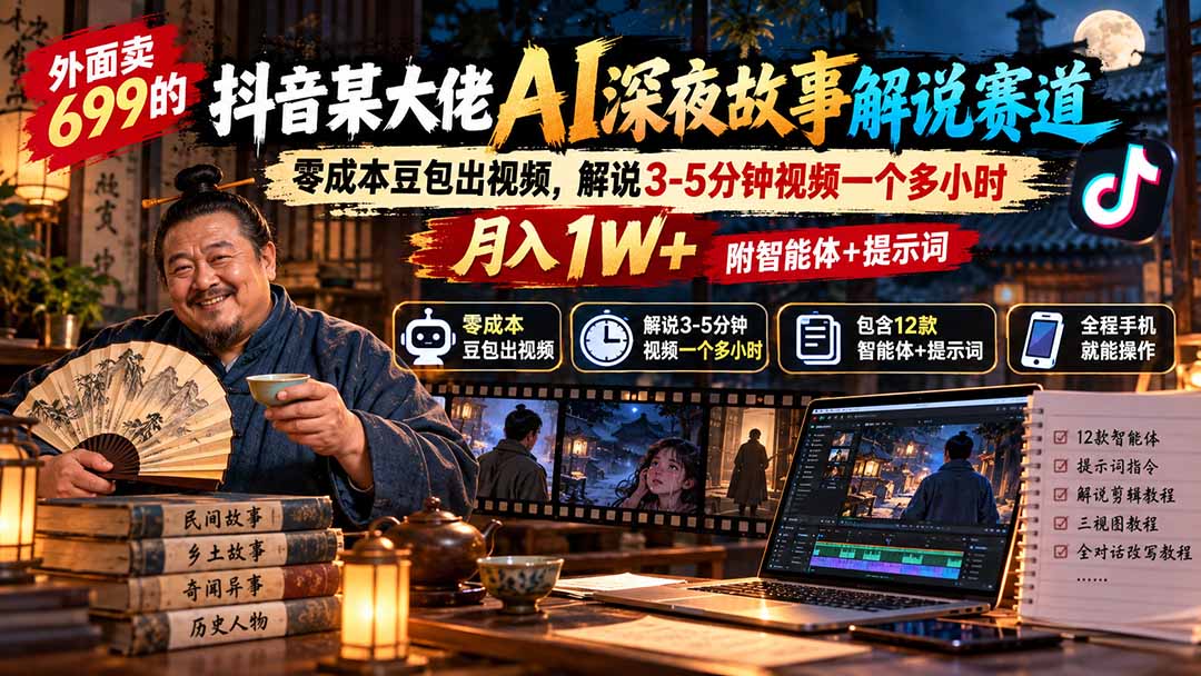（20853期）外面卖699抖音某大佬AI深夜故事解说赛道-更新：0成本豆包出视频+解说3-5分钟视频一个多小时，月入1W+附智能体+提示词网创吧-网创项目资源站-副业项目-创业项目-搞钱项目网创吧
