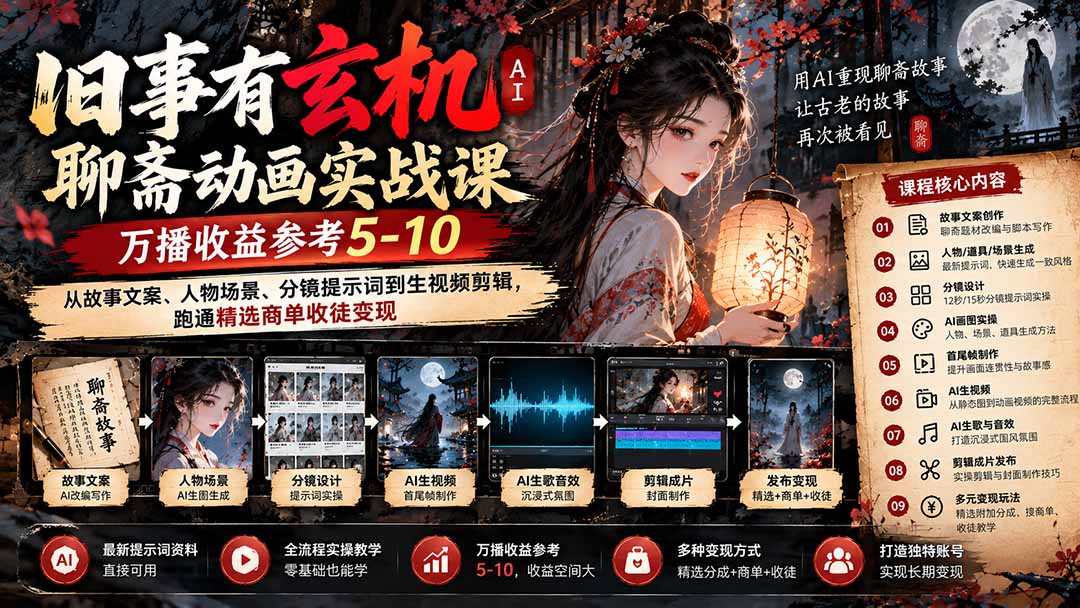 (20789期)旧事有玄机AI聊斋动画实战9月新课:万播收益参考5-10,从故事文案、人物场景到分镜生视频,跑通精选商单收徒网创吧-网创项目资源站-副业项目-创业项目-搞钱项目网创吧
