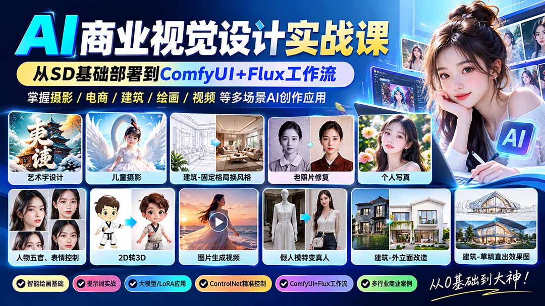 (20824期)【无水印】AI商业视觉设计实战课:从SD基础部署到ComfyUI+Flux工作流,掌握摄影电商建筑AI创作网创吧-网创项目资源站-副业项目-创业项目-搞钱项目网创吧