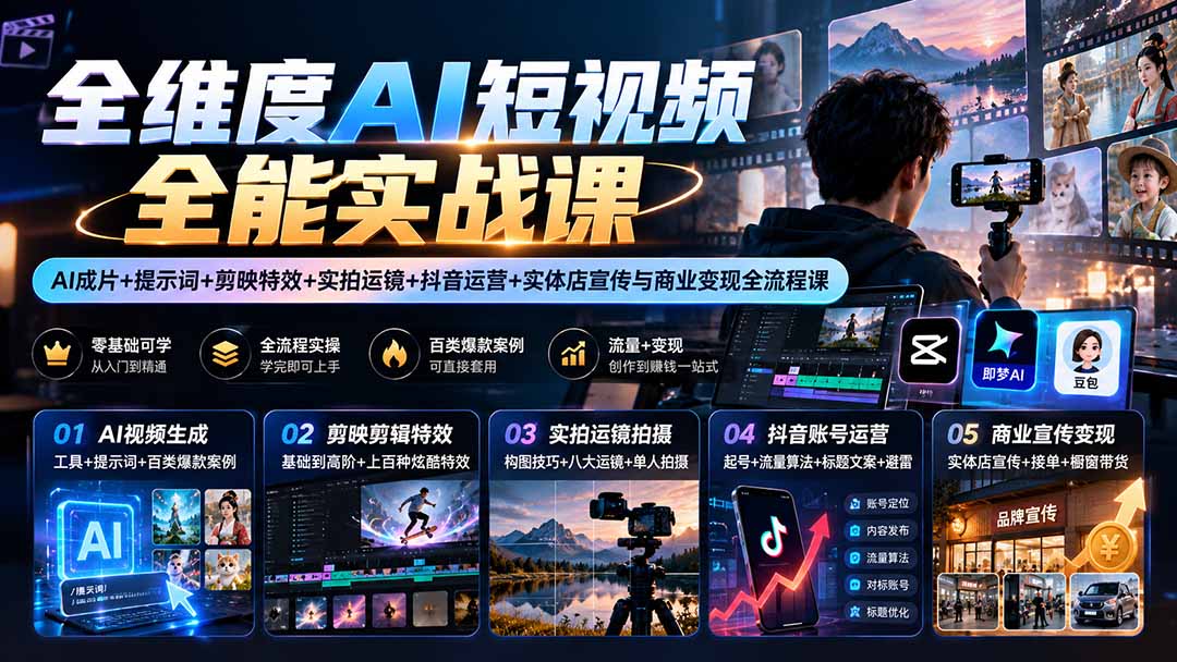 (20768期)【无水印】全维度AI短视频全能实战课:AI成片+提示词+剪映特效+实拍运镜+抖音运营+实体店宣传与商业变现全流程课网创吧-网创项目资源站-副业项目-创业项目-搞钱项目网创吧