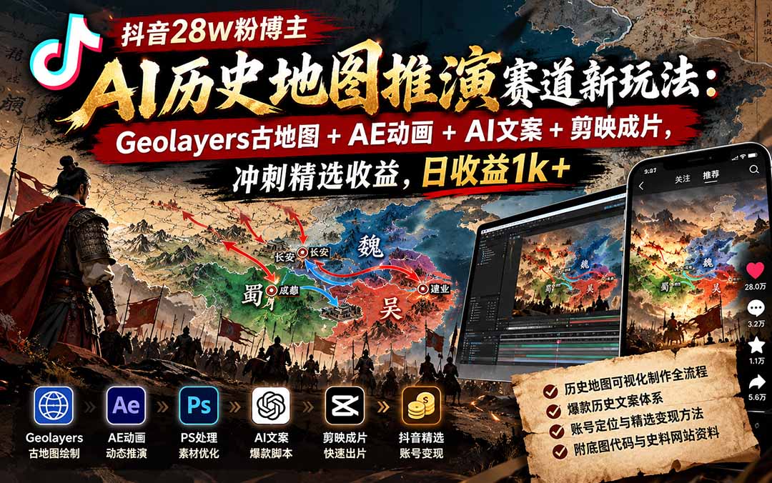 (20809期)抖音28W粉博主AI历史地图推演赛道新玩法:Geolayers古地图+AE动画+AI文案+剪映成片,冲刺精选收益,日收益1k+网创吧-网创项目资源站-副业项目-创业项目-搞钱项目网创吧