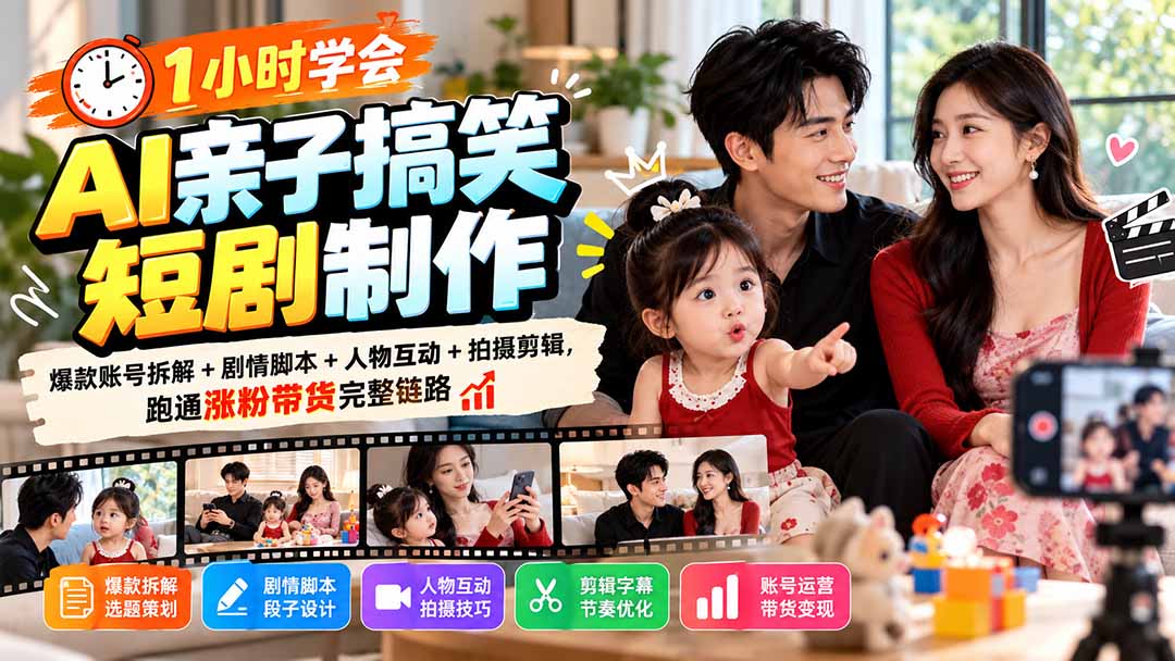 (20807期)1小时学会AI亲子搞笑短剧制作:爆款账号拆解+剧情脚本+人物互动+拍摄剪辑,跑通涨粉带货完整链路网创吧-网创项目资源站-副业项目-创业项目-搞钱项目网创吧