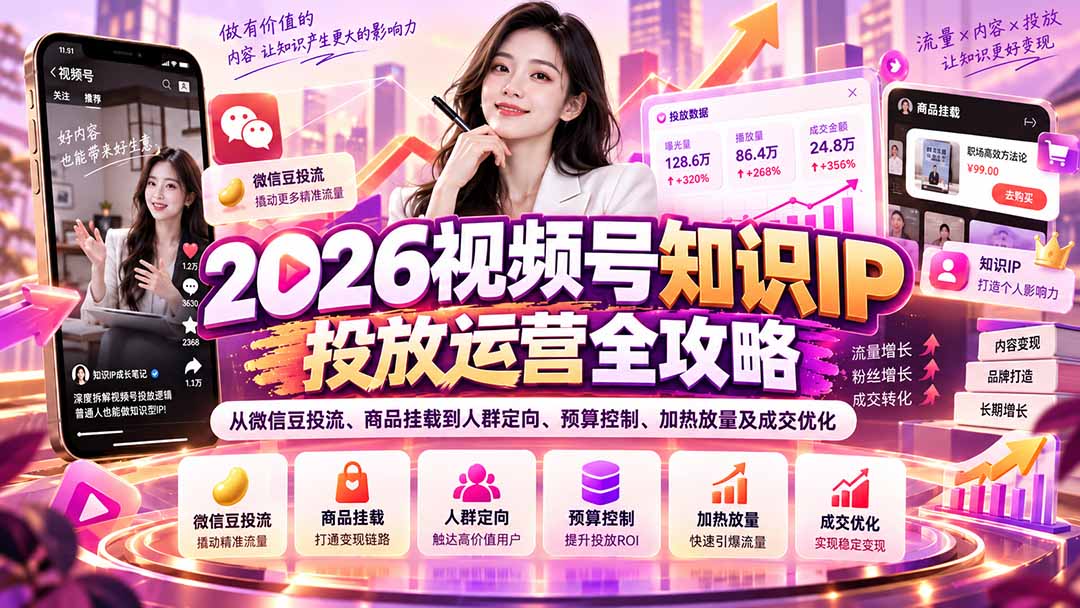 （20860期）2026视频号知识IP投放运营全攻略：从微信豆投流、商品挂载到人群定向、预算控制、加热放量及成交优化网创吧-网创项目资源站-副业项目-创业项目-搞钱项目网创吧