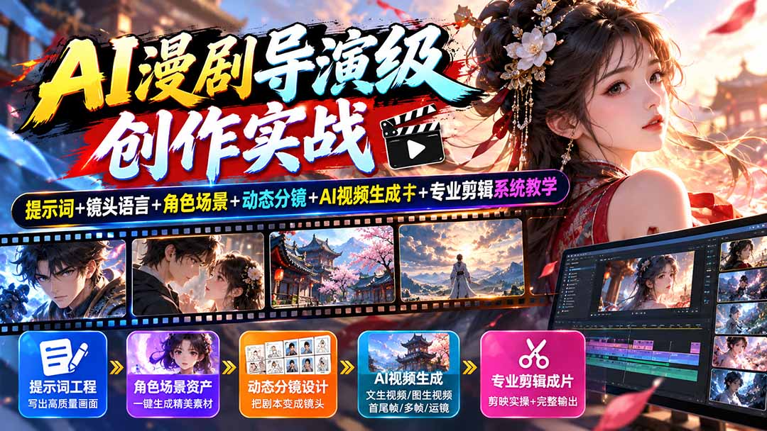 （20814期）AI漫剧导演级创作实战：提示词+镜头语言+角色场景+动态分镜+AI视频生成+专业剪辑系统教学网创吧-网创项目资源站-副业项目-创业项目-搞钱项目网创吧