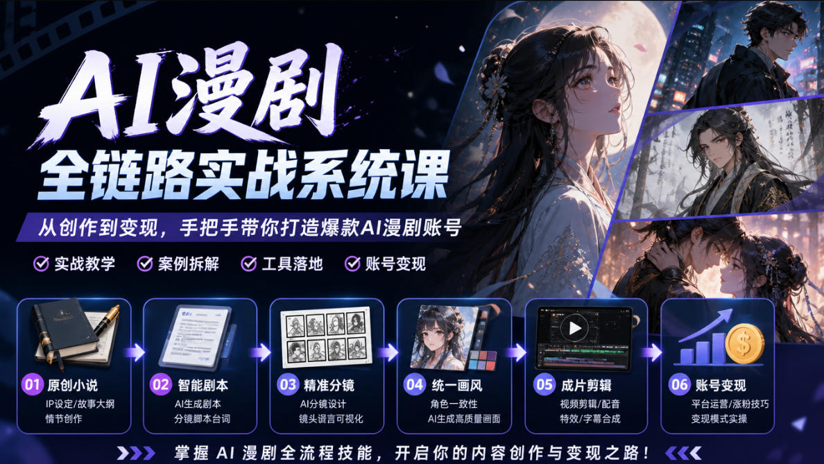 AI漫剧全链路实战系统课｜原创小说、智能剧本、精准分镜、统一画风、成片剪辑、账号变现实操教学网创吧-网创项目资源站-副业项目-创业项目-搞钱项目网创吧