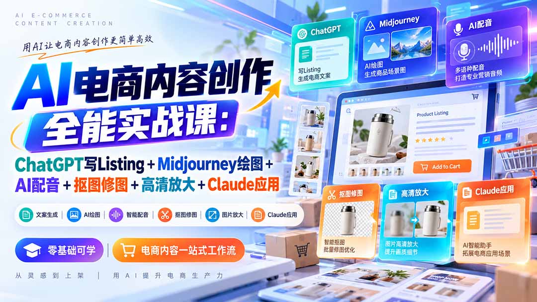 (20770期)【无水印】AI电商内容创作全能实战课:ChatGPT写Listing+Midjourney绘图+AI配音+抠图修图+高清放大+Claude应用网创吧-网创项目资源站-副业项目-创业项目-搞钱项目网创吧