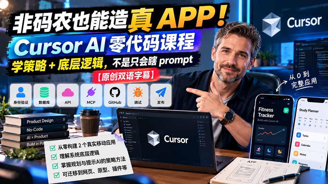 (20810期)非码农也能造真 APP!Cursor AI 零代码课程:学策略 + 底层逻辑,不是只会瞎 prompt【原创双语字幕】网创吧-网创项目资源站-副业项目-创业项目-搞钱项目网创吧