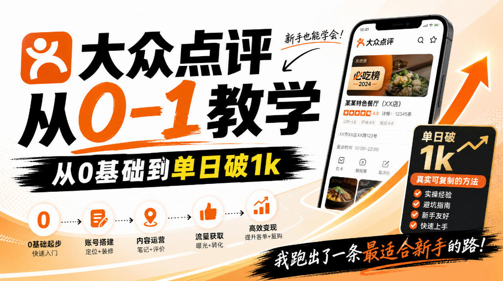 大众点评分成从0-1教学,从0基础到单日破1k,我跑出了一条最适合新手的路网创吧-网创项目资源站-副业项目-创业项目-搞钱项目网创吧