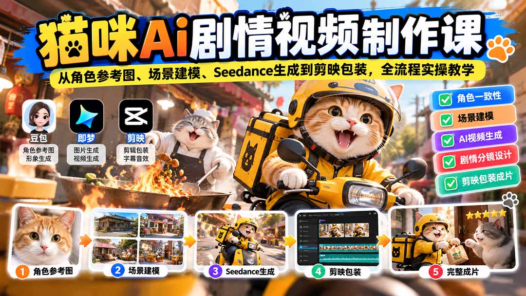 (20793期)猫咪AI剧情视频制作课:从角色参考图、场景建模、Seedance生成到剪映包装,全流程实操教学网创吧-网创项目资源站-副业项目-创业项目-搞钱项目网创吧