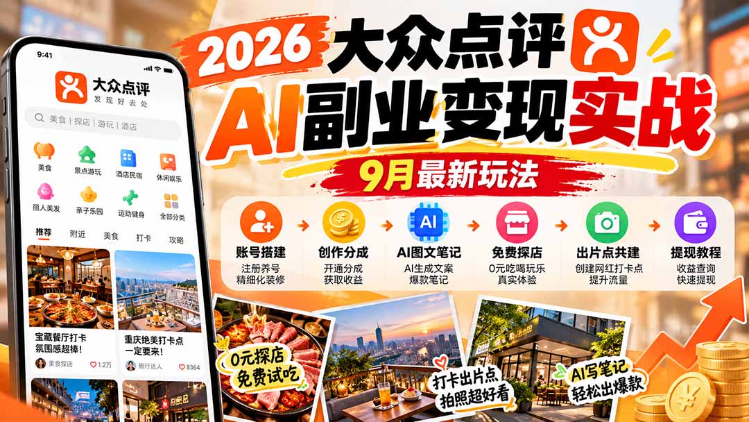 (20873期)2026大众点评AI副业变现实战9月最新玩法:账号搭建+创作分成+AI图文笔记+免费探店+出片点共建与提现教程网创吧-网创项目资源站-副业项目-创业项目-搞钱项目网创吧