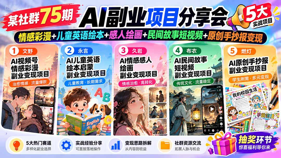 (20874期)某社群75期AI副业项目分享会:情感彩漫+儿童英语绘本+感人绘画+民间故事短视频+原创手抄报变现网创吧-网创项目资源站-副业项目-创业项目-搞钱项目网创吧
