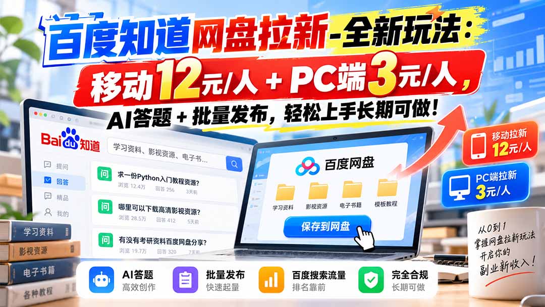 (20794期)百度知道网盘拉新-全新玩法:移动12元/人+PC端3元/人,AI答题+批量发布,轻松上手长期可做!网创吧-网创项目资源站-副业项目-创业项目-搞钱项目网创吧