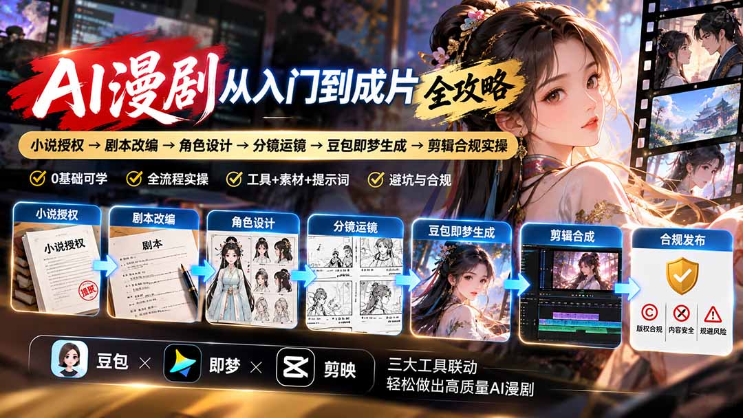 (20877期)AI漫剧从入门到成片全攻略:小说授权→剧本改编→角色设计→分镜运镜→豆包即梦生成→剪辑合规实操网创吧-网创项目资源站-副业项目-创业项目-搞钱项目网创吧