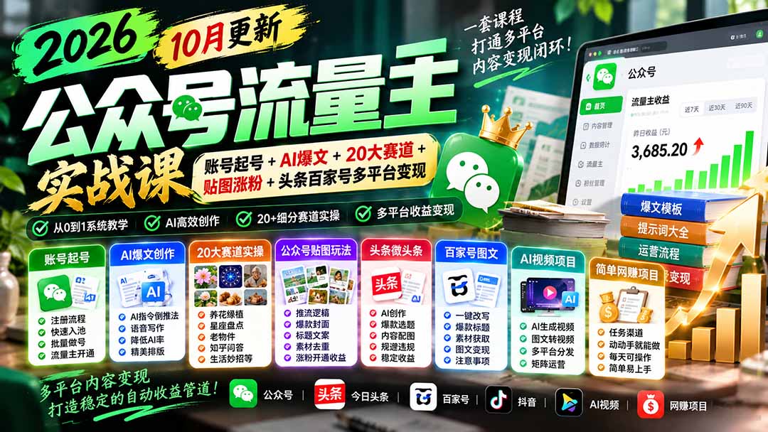 （20878期）2026公众号流量主实战课-10月更新：账号起号+AI爆文+20大赛道+贴图涨粉+头条百家号多平台变现网创吧-网创项目资源站-副业项目-创业项目-搞钱项目网创吧