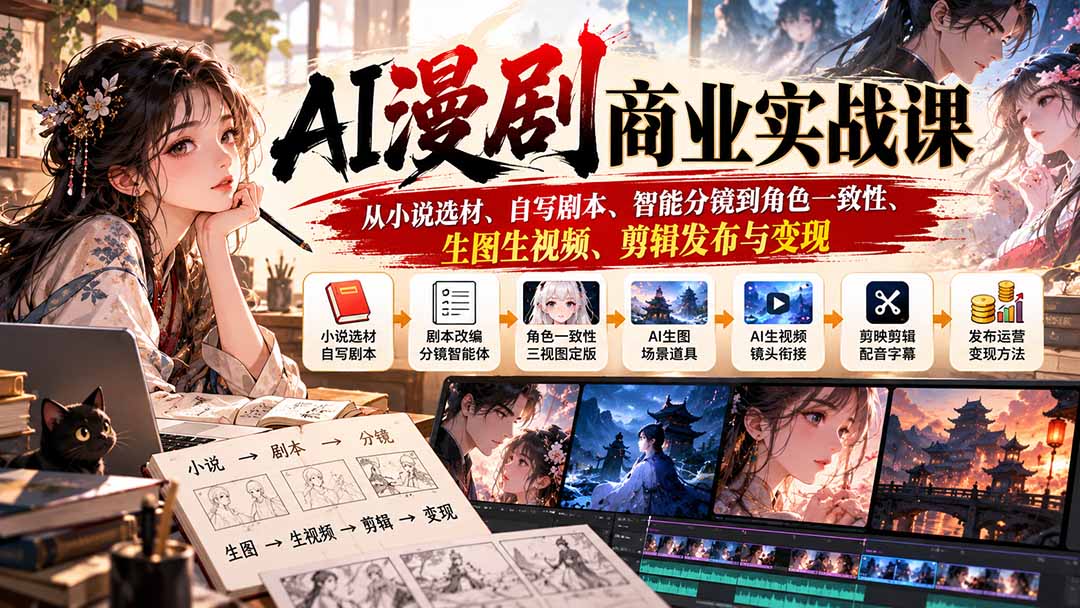 (20811期)AI漫剧商业实战课:从小说选材、自写剧本、智能分镜到角色一致性、生图生视频、剪辑发布与变现网创吧-网创项目资源站-副业项目-创业项目-搞钱项目网创吧