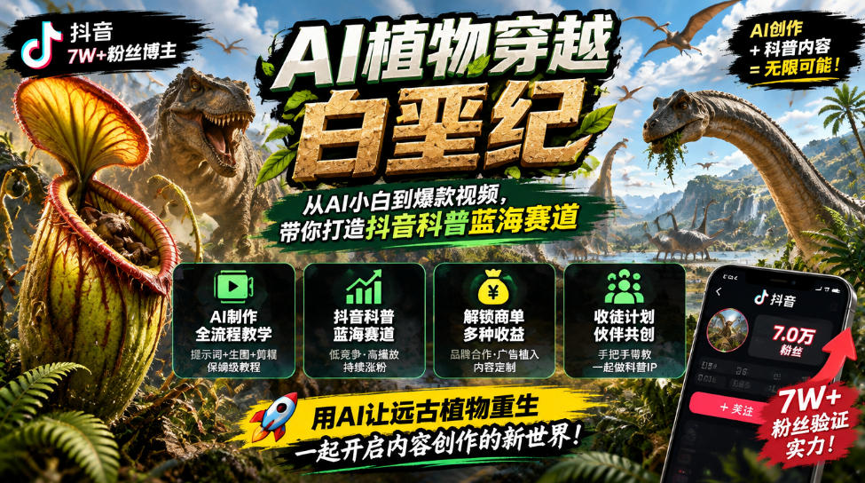 抖音7W粉丝博主的AI植物穿越白垩纪教学,抖音科普蓝海赛道,解锁商单收徒伙伴计划等多种收益网创吧-网创项目资源站-副业项目-创业项目-搞钱项目网创吧