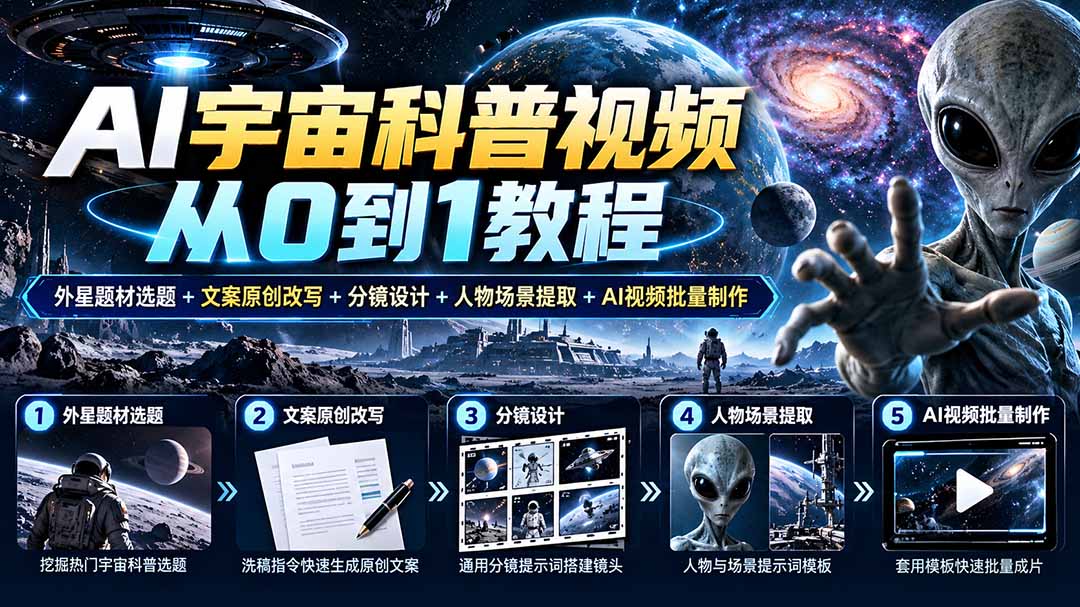 (20774期)AI宇宙科普视频从0到1教程|外星题材选题+文案原创改写+分镜设计+人物场景提取+AI视频批量制作网创吧-网创项目资源站-副业项目-创业项目-搞钱项目网创吧
