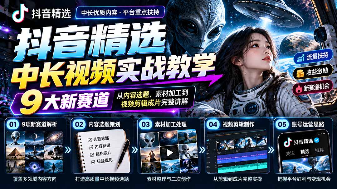 (20775期)抖音精选中长视频实战教学:拆解9项细分赛道,从内容选题、素材加工到视频剪辑成片完整讲解网创吧-网创项目资源站-副业项目-创业项目-搞钱项目网创吧