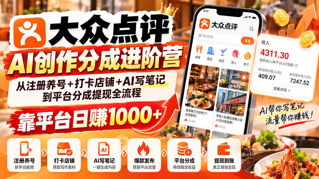 (20759期)大众点评AI创作分成进阶营:从注册养号+打卡店铺+AI写笔记到平台分成提现全流程,靠平台日赚1000+网创吧-网创项目资源站-副业项目-创业项目-搞钱项目网创吧
