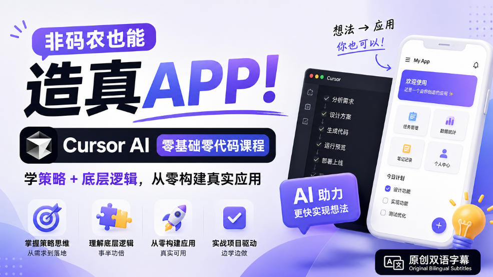非码农也能造真APP！Cursor AI零基础零代码课程：学策略+底层逻辑，从零构建真实应用【原创双语字幕】网创吧-网创项目资源站-副业项目-创业项目-搞钱项目网创吧