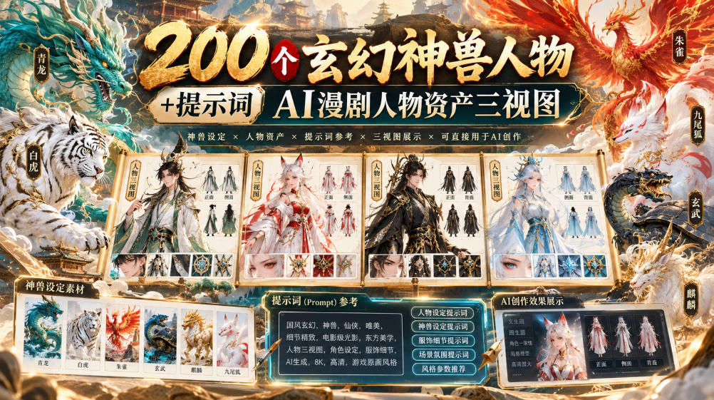 200个玄幻神兽人物+提示词ai漫剧人物资产三视图网创吧-网创项目资源站-副业项目-创业项目-搞钱项目网创吧
