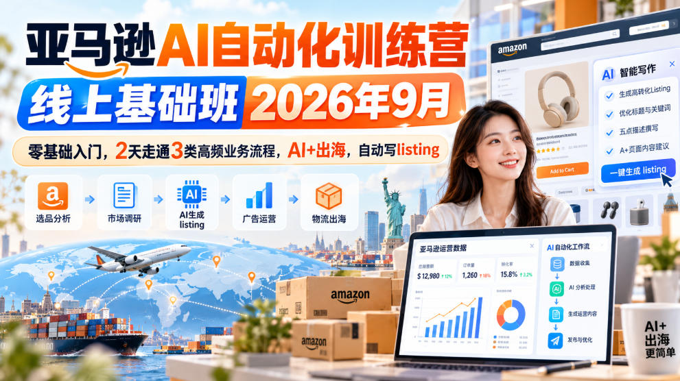 亚马逊AI自动化训练营线上基础班2026年9月，零基础入门，2天走通3类高频业务流程，AI+出海，自动写listing网创吧-网创项目资源站-副业项目-创业项目-搞钱项目网创吧