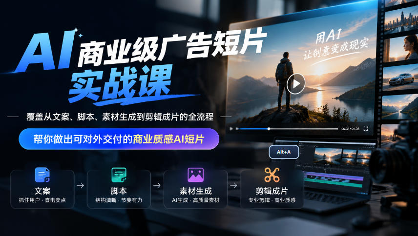 AI商业级广告短片实战课，覆盖从文案、脚本、素材生成到剪辑成片的全流程，帮你做出可对外交付的商业质感AI短片网创吧-网创项目资源站-副业项目-创业项目-搞钱项目网创吧