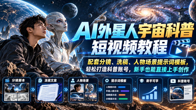 AI外星人宇宙科普短视频教程，配套分镜、洗稿、人物场景提示词模板，轻松打造科普账号，新手也能直接上手创作网创吧-网创项目资源站-副业项目-创业项目-搞钱项目网创吧