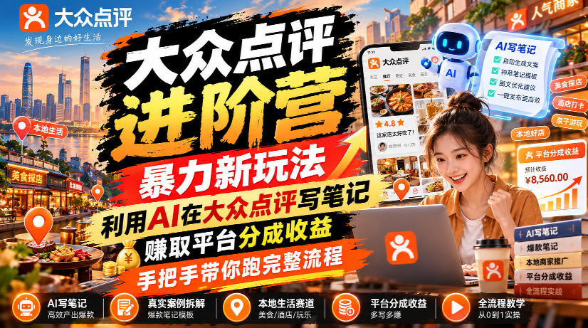 大众点评进阶营，暴力新玩法，利用AI在大众点评写笔记， 賺取平台分成收益，手把手带你跑完整流程网创吧-网创项目资源站-副业项目-创业项目-搞钱项目网创吧