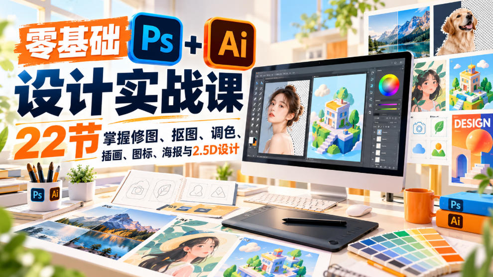 【无水印】零基础PS+AI设计实战课｜22节掌握修图、抠图、调色、插画、图标、海报与2.5D设计网创吧-网创项目资源站-副业项目-创业项目-搞钱项目网创吧