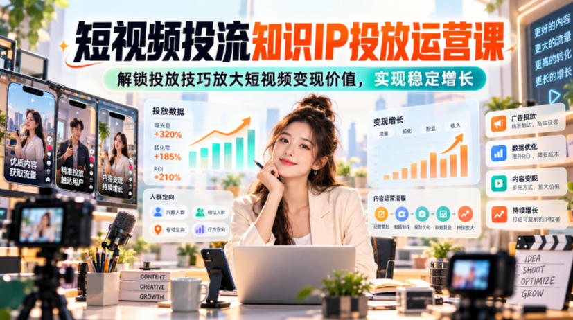 短视频投流知识IP投放运营课,解锁投放技巧放大短视频变现价值,实现稳定增长网创吧-网创项目资源站-副业项目-创业项目-搞钱项目网创吧