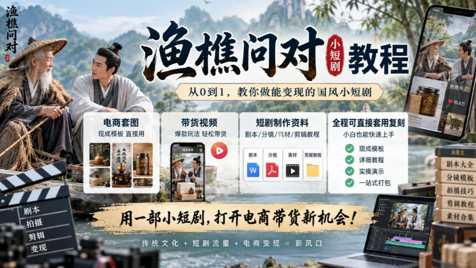 渔樵问对小短剧教程,包含电商套图、带货视频,短剧制作资料,全程可直接套用复刻网创吧-网创项目资源站-副业项目-创业项目-搞钱项目网创吧