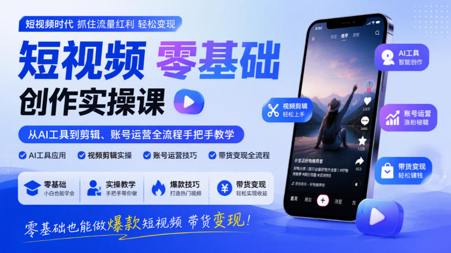 短视频零基础创作实操课,从AI工具到剪辑、账号运营全流程手把手教学,零基础也能做爆款短视频带货变现网创吧-网创项目资源站-副业项目-创业项目-搞钱项目网创吧
